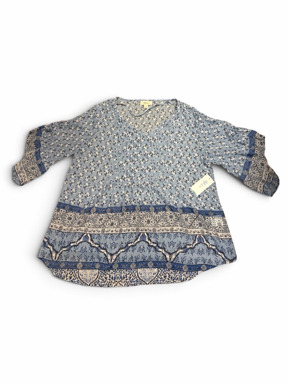 Boho Floral Border V-Neck Top - Light Blue